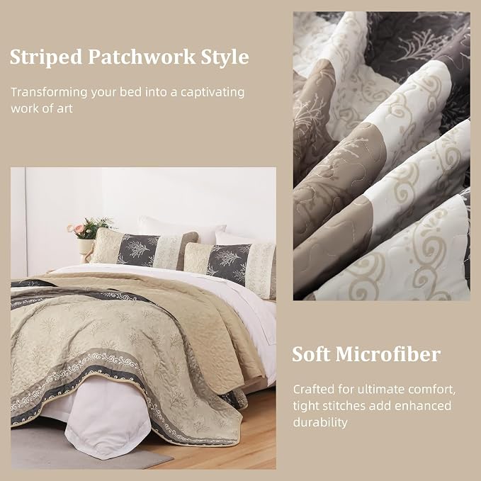 DJY Beige Quilt Set Queen Size Striped Bedspread Coverlet Set 3 Pieces Boho - Image 7