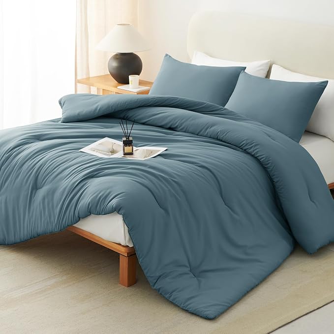 CozyLux King Size Comforter Set Mineral Blue, 3 Pieces Solid Comforters King by CozyLux