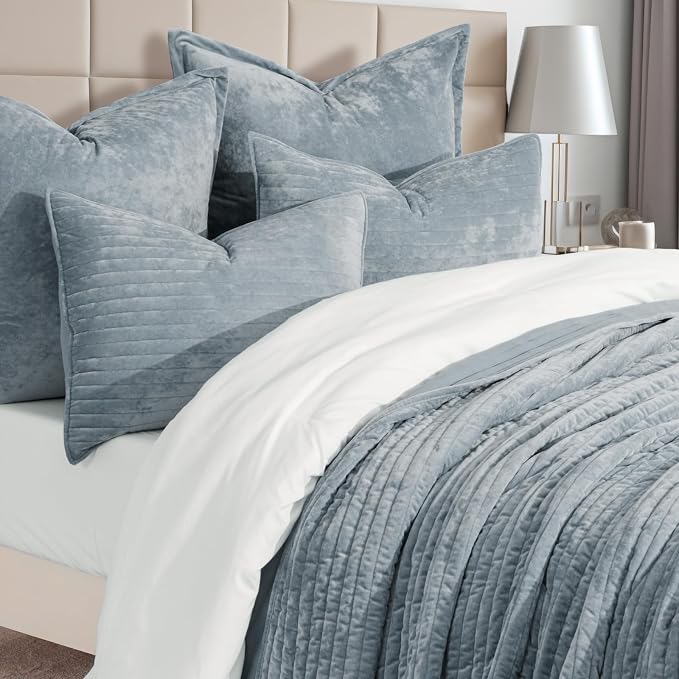 EVERGRACE Velvet Quilt Set King Size, Luxurious Soft Striped Channel Bedding Set - Image 4