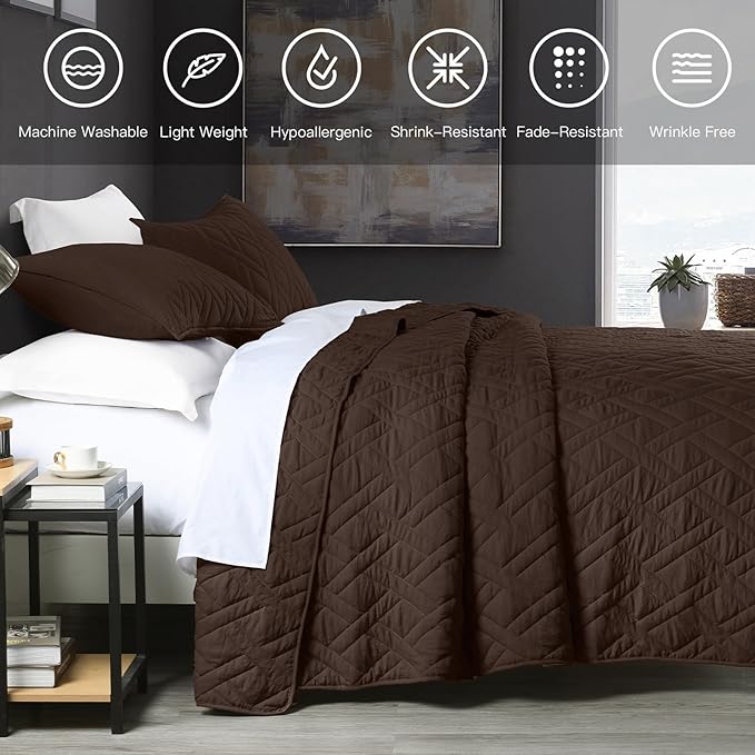 HORIMOTE HOME Quilt Set Twin Size Chocolate, Classic Geometric Diamond Stitched - Image 6