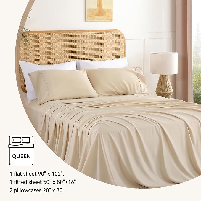 Queen Sheet Set 4 Pieces, Wrinkle Free, Oeko-Tex Certified Bedsheets，Cream - Image 6