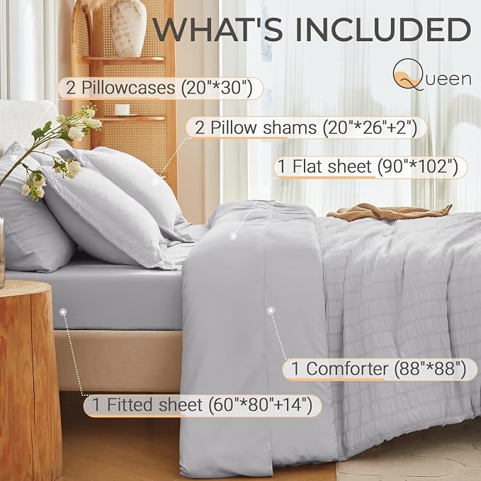 MUXHOMO 7 Pieces Queen Comforter Set, Seersucker Bed in a Bag Queen Size - Image 4