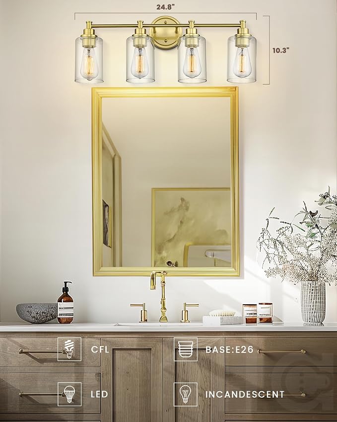 FEMILA Vanity Lights for Bathroom, Modern 4-Light Gold Bathroom Light Fixture - Image 2