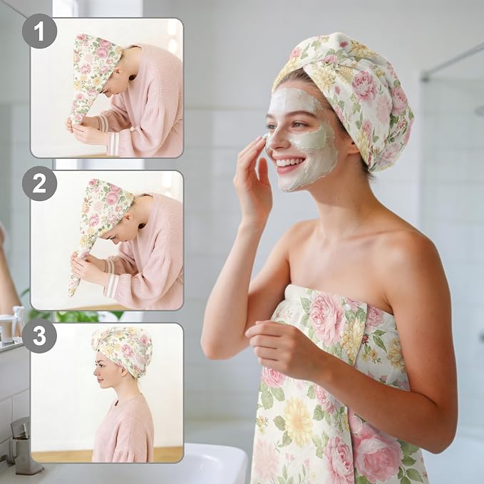 Absorbent Bath Towel Wrap Set for Women, Vintage Flower Print Towel Wrap After - Image 6