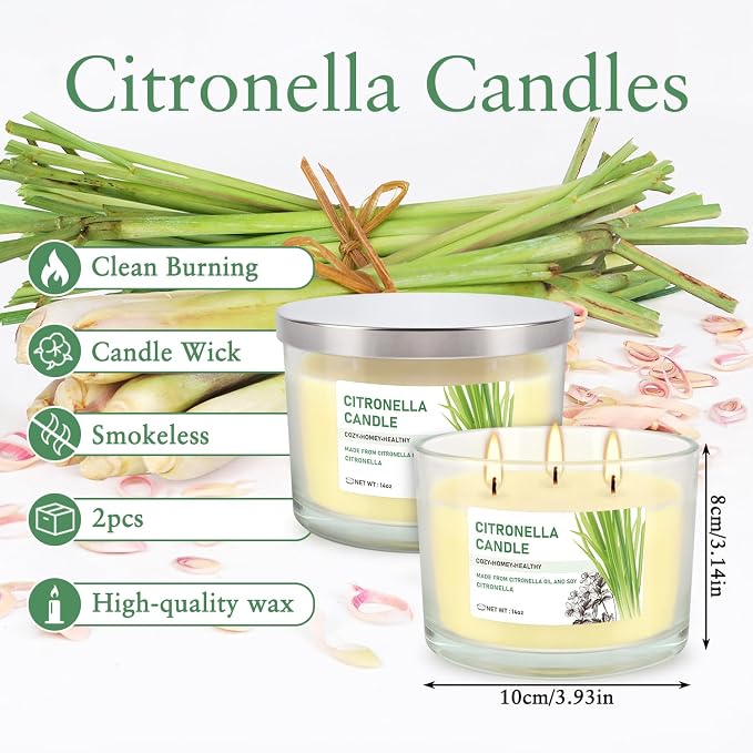 Citronella Candle Outdoor 2-Pack - 14oz Each 3-Wick Candles in Clear Glass Jars - Image 2