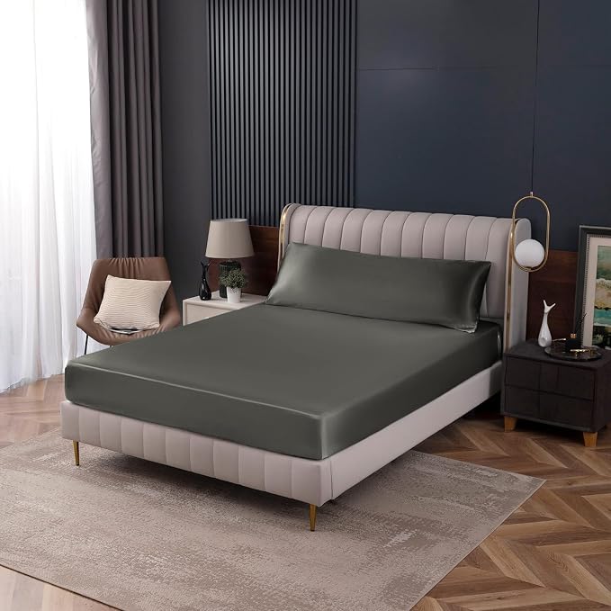 Homiest Dark Grey Satin Fitted Sheet Full Size, Deep Pocket, Luxury & Ultra - Image 7