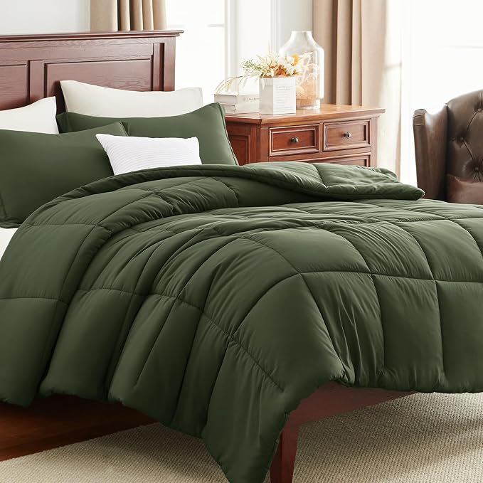 CozyLux Oversized Queen Comforter Set, 3 Pieces Olive Green 98x98 Box Stitched - Image 9