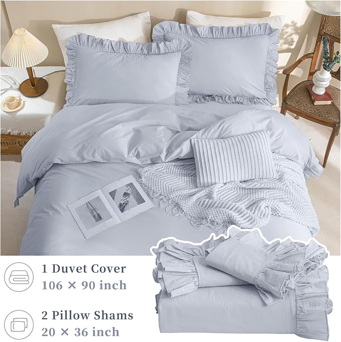 QSH Washed Cotton Ruffle Duvet Cover King Size, 3 Pieces Cornflower Blue - Image 5