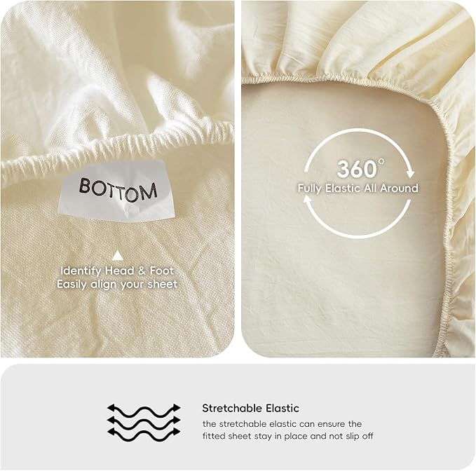MooMee Fitted Bottom Sheet Only 100% Washed Cotton Linen Like Textured - Image 4