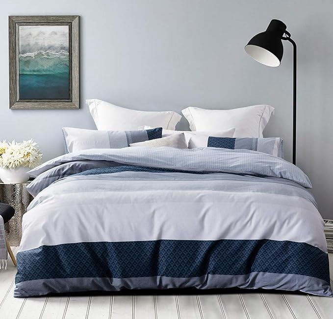 Duvet Cover Set, 600 Thread Count Cotton White and Navy Striped Patchwork by SLEEPBELLA