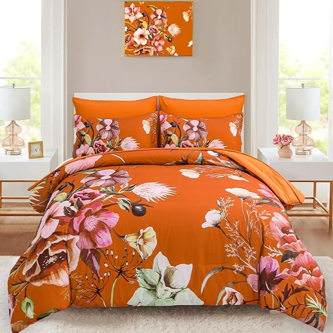 Luxudecor Terracotta Floral Comforter Set King Size 7 Piece, Flower Bed in a Bag by Luxudecor