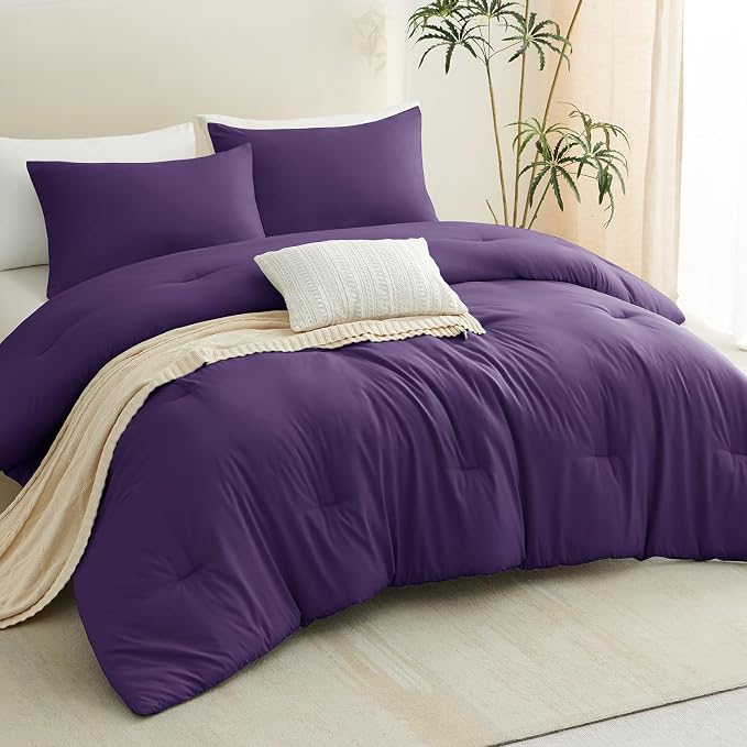 CozyLux Full Size Comforter Set Purple, 3 Pieces Solid Breathable Quilted - Image 9