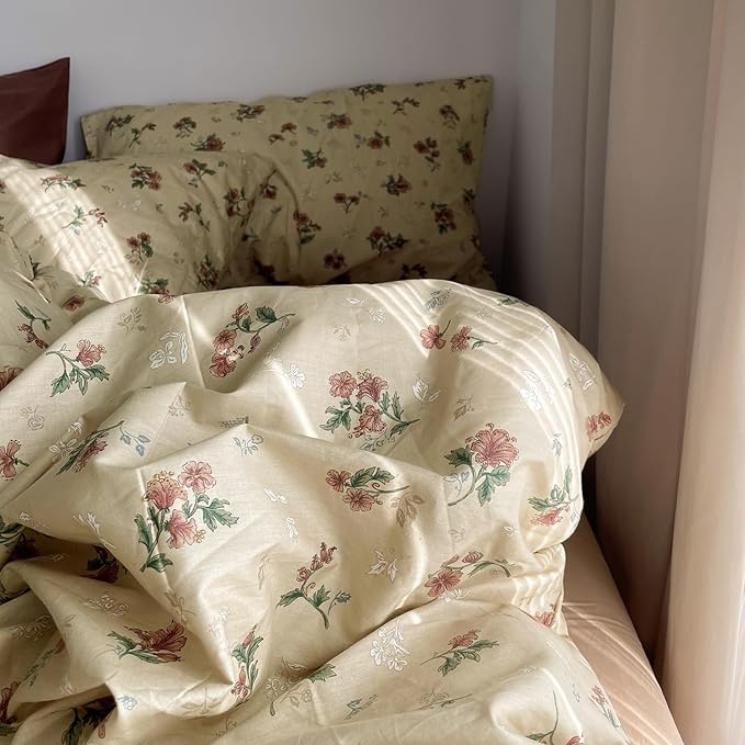 MKXI Yellowish Beige & Red Floral Duvet Cover Set Queen Size - Image 3