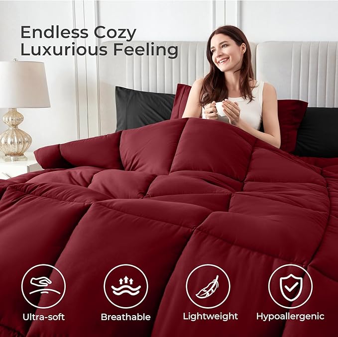 Sasttie Red & Black Full Size Comforter Sets, 7 Pieces Reversible Bed in a Bag - Image 3