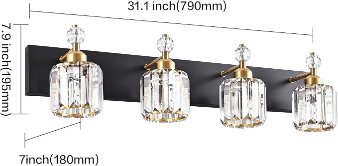 PRESDE 4-Light Crystal Bathroom Vanity Light, Modern Black and Gold Bathroom - Image 4