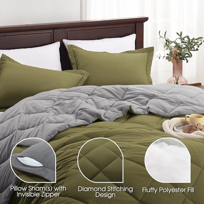 Basic Beyond California King Comforter Set, Olive Green/Charcoal Comforter Set - Image 4