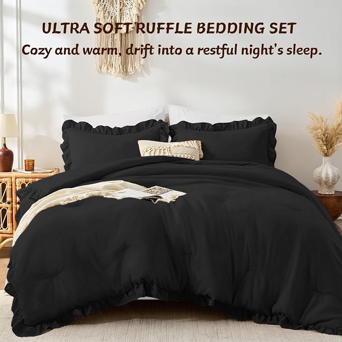 FUANNA Full Size Comforter Sets Black, 3 Pieces Ruffle Full Size Bedding Sets - Image 4