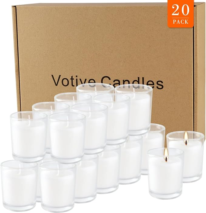 20 Pack Unscented White Clear Glass Filled Votive Candles | Soy Wax, Hand - Image 9