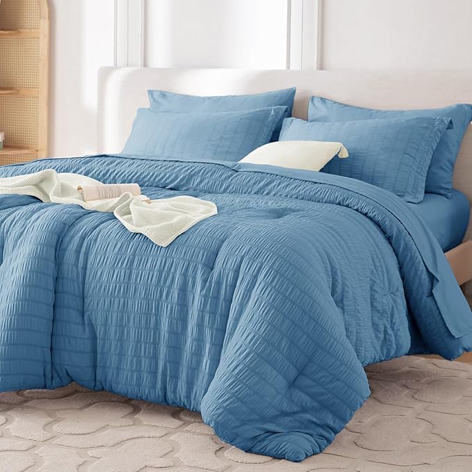 MUXHOMO 7 Pieces Full Comforter Set, Seersucker Bed in a Bag Full Size by MUXHOMO