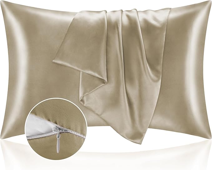 BEDELITE Satin Pillowcase with Zipper, Taupe Pillow Cases Queen Size Set of 2 by BEDELITE