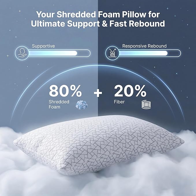Meoflaw Adjustable Memory Foam Pillows: 2 Pack Queen Size Shredded Foam Bed - Image 3