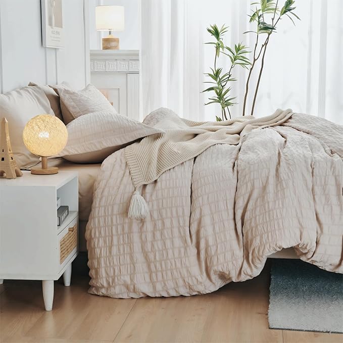 HYMOKEGE Beige Twin Size Duvet Cover, Ultra Soft 2-Piece Seersucker Duvet Cover - Image 5