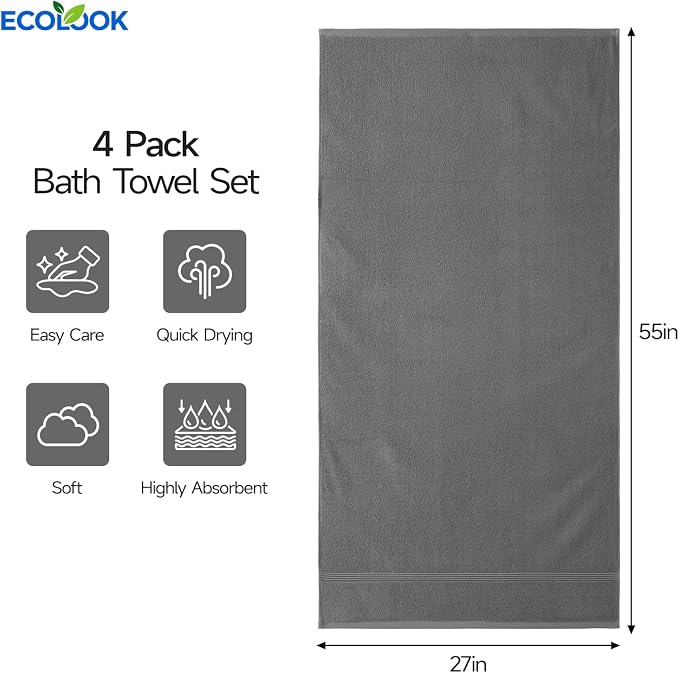 ecolook Bath Towels Set of 4, 100% Cotton, 27 x 55 Inches, Quick-Drying & - Image 3