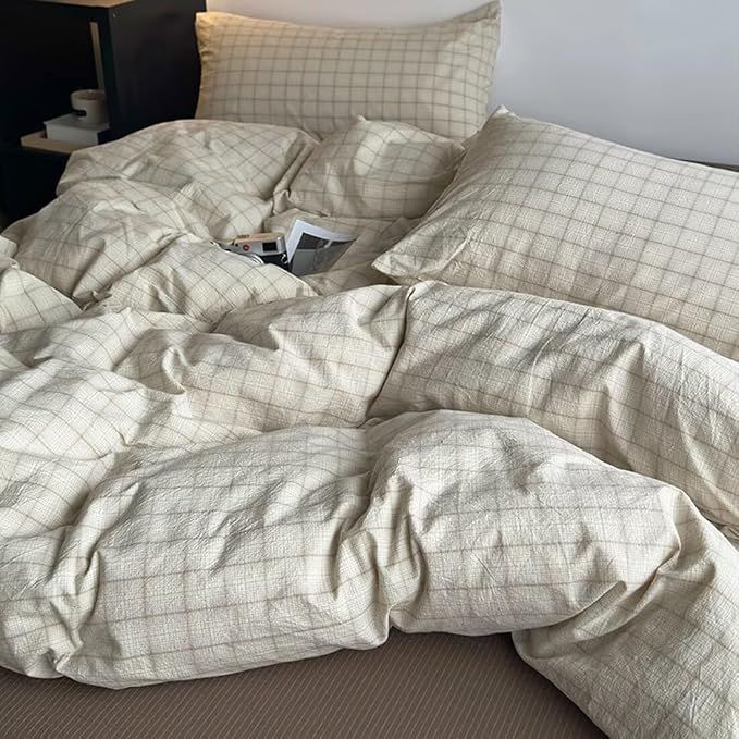 PinkMemory Beige Gingham Duvet Cover Bedding Queen 100% Washed Cotton Vintage - Image 3