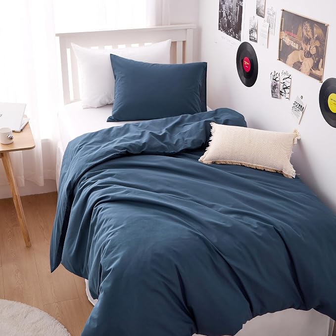 Wake In Cloud - Cotton Duvet Cover Set, Twin Size, Dark Navy Blue, 100% Washed by WakeInCloud