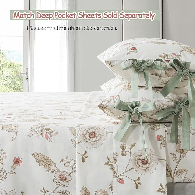 FADFAY Floral Bedding Set Twin 100% Cotton Shabby and Chic Beige Green - Image 6