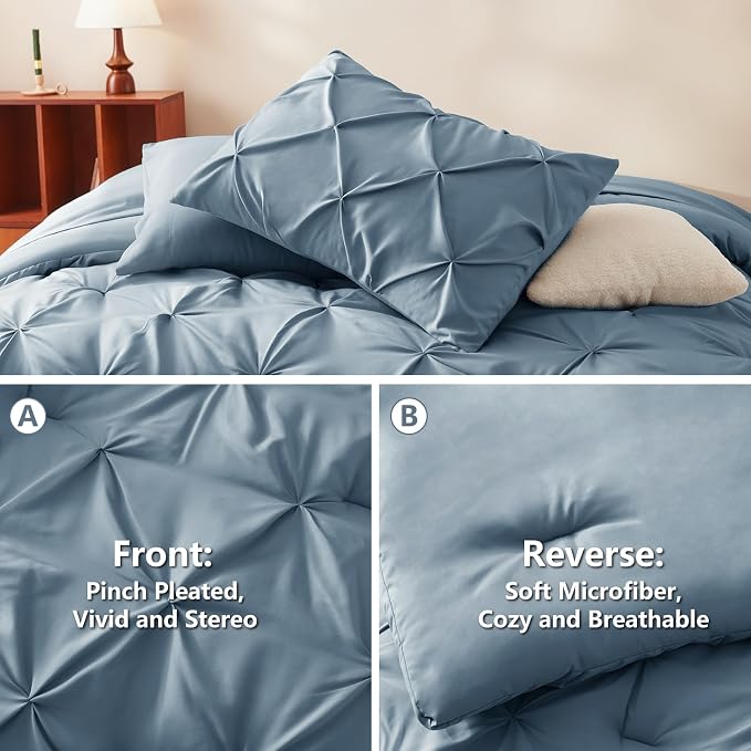 CozyLux King Size Comforter Set Mineral Blue, 7 Pieces Pintuck Bed in A Bag - Image 3