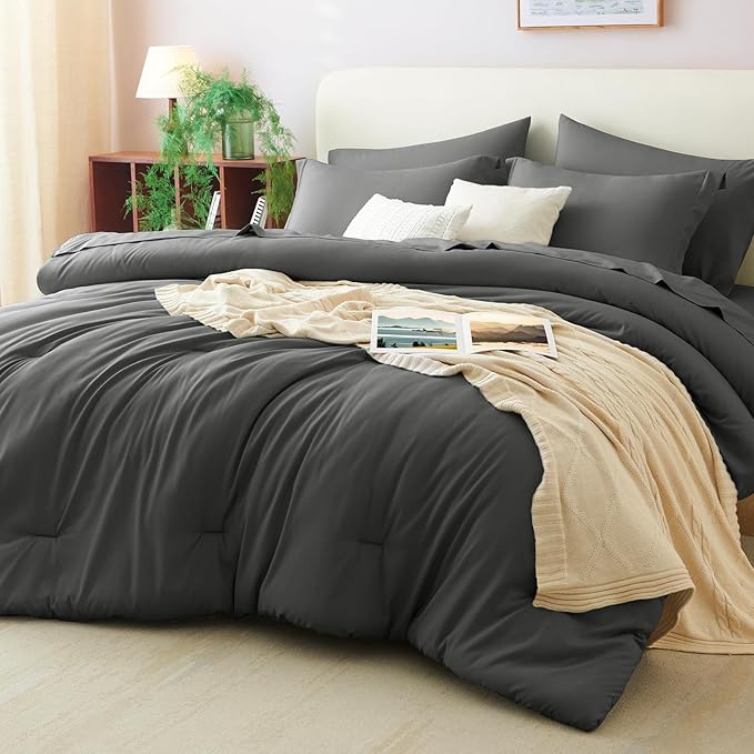 CozyLux Queen Comforter Set Dark Grey, 7 Pieces Bed in a Bag Queen Comforter Set by CozyLux