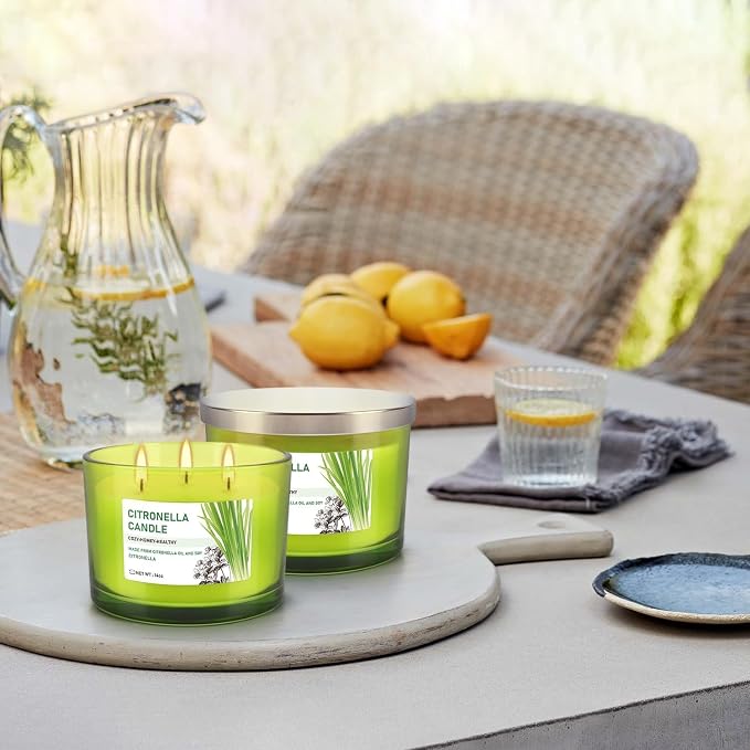 Set of 2 Green Glass Jars Citronella Oil Candles 14oz Smokeless & Outdoor - Image 4