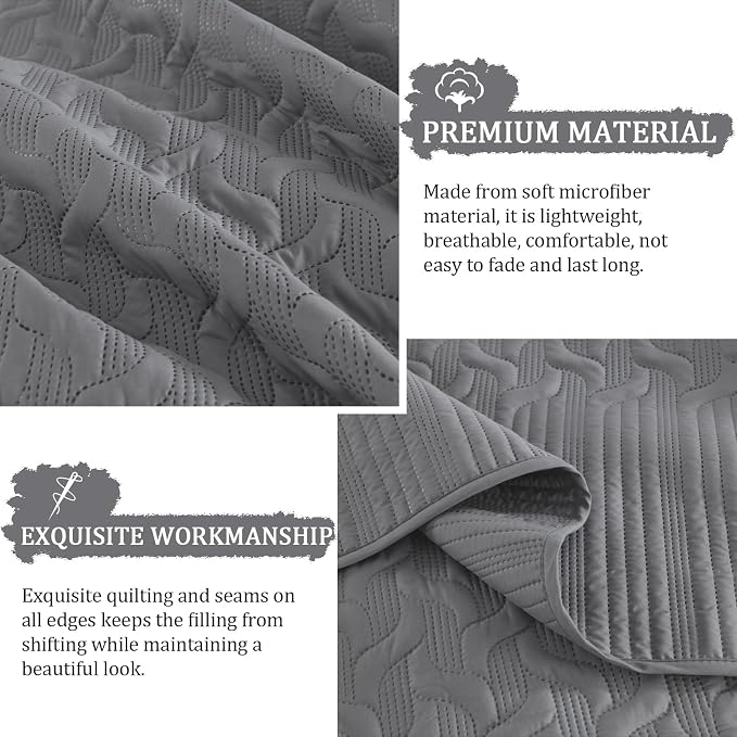 Yiran Grey Quilt Set King Size Lightweight Bedspread Ultrasonic Wave Pattern - Image 6