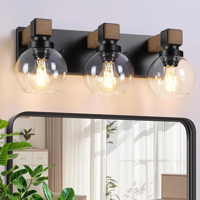 Farmhouse Bathroom Light Fixtures, 3-Light Rustic Wood Bathroom Lights Over by Feanron