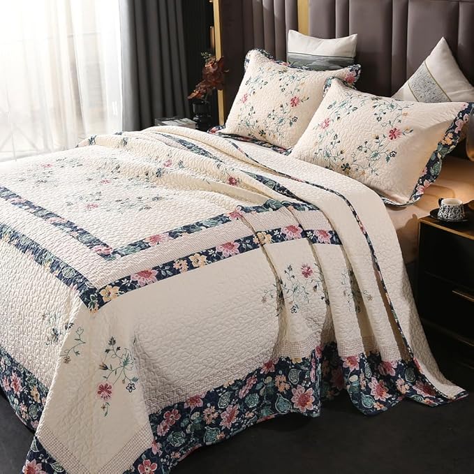 Quilt Set Floral Leaves 3D Embroidery Pattern 3 PCS Cotton Reversible Quilted by ROOMLIFE