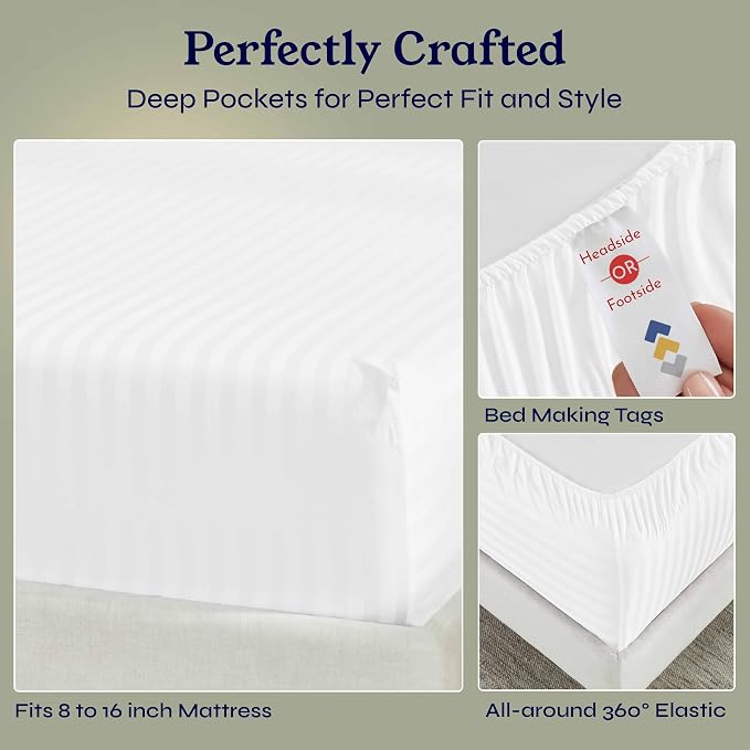 California Design Den Cotton Sateen Damask Stripe King Fitted Sheet Only - Image 6