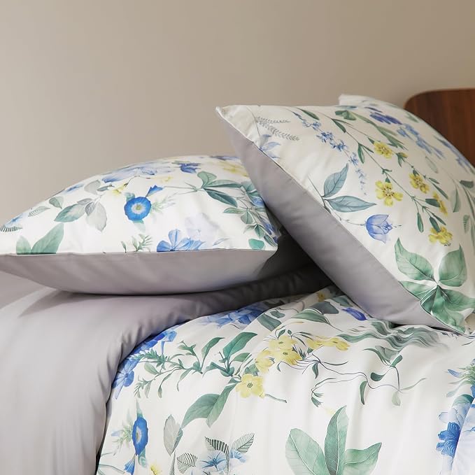mixinni Reversible Floral Duvet Cover Set King Size, 3 Piece Blue Green - Image 5