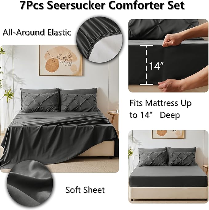 CozyLux Queen Comforter Set Dark Grey, 7 Pieces Pintuck Bed in A Bag, Premium - Image 6