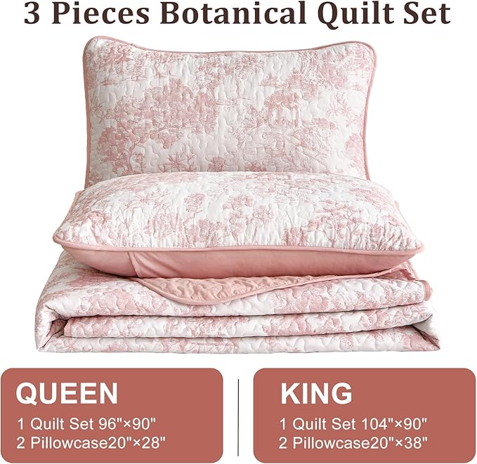 WONGS BEDDING Quilt Set King Size, 3 Pieces Pink Floral Plants Printed - Image 7