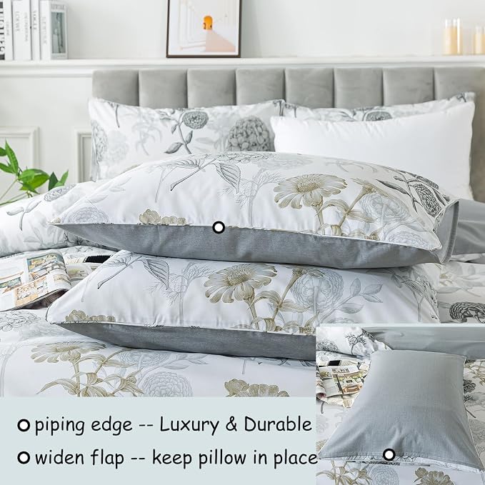 FADFAY Floral Duvet Cover Sets Twin Size 100% Cotton Ink Grey Vintage Flower - Image 4