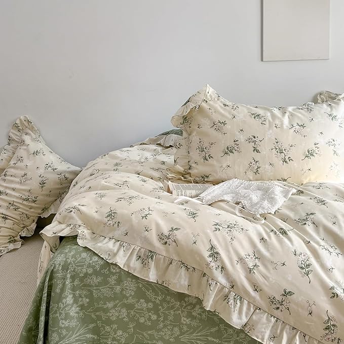 MKXI Botanical Floral Duvet Cover Twin Beige Girls Floral Ruffled Bedding Set - Image 8