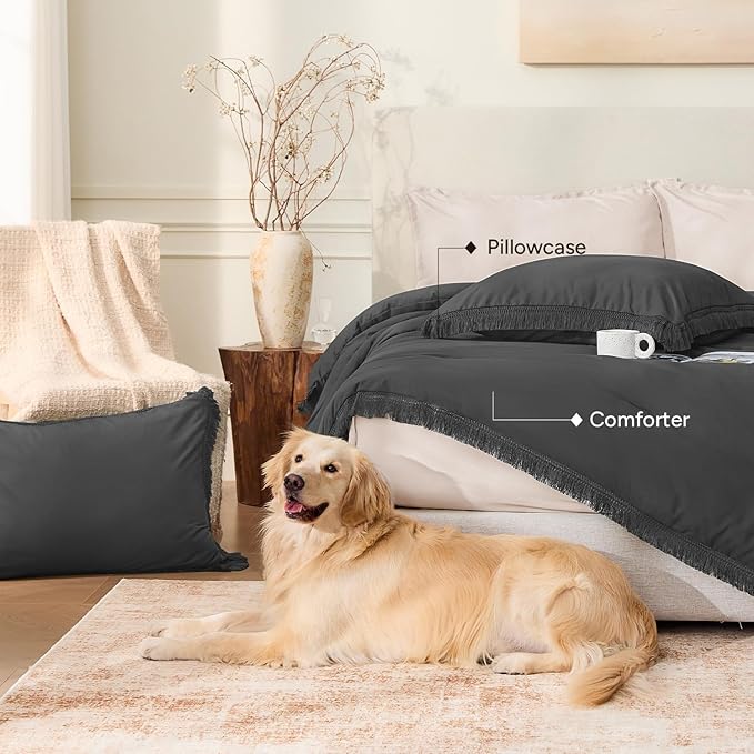 Andency Full Size Comforter Set Dark Grey, 3 Pieces Boho Lightweight Bedding - Image 5