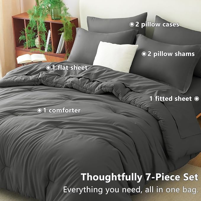 CozyLux California King Comforter Set Dark Grey, 7 Pieces Cal King Bed in a Bag - Image 6
