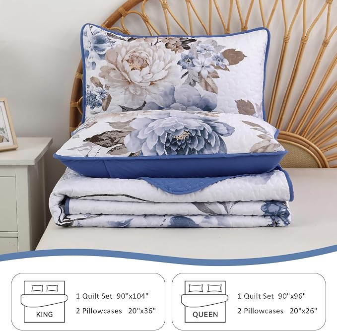 WONGS BEDDING Floral Quilt Set 3 Pieces Blue Quilted Printed Bedspreads Bedding - Image 7