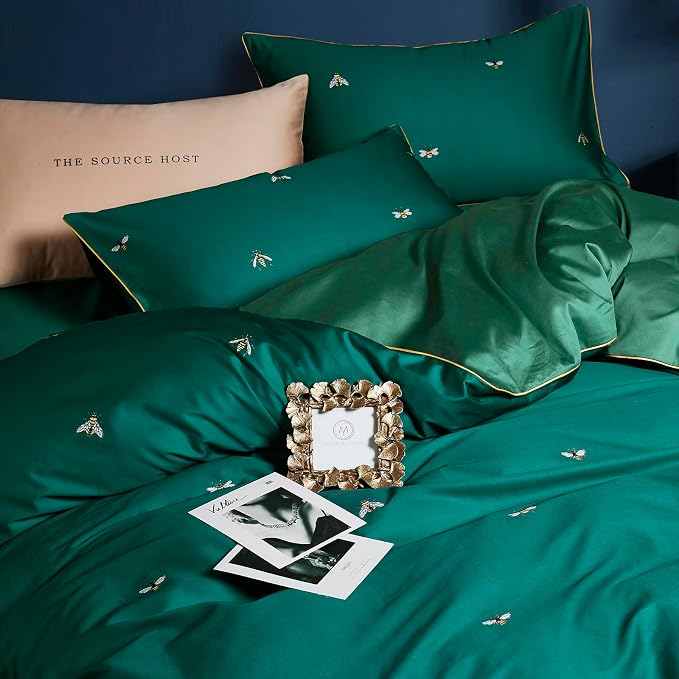mixinni Dark Green Duvet Cover Twin XL Size, 100% Long Staple Cotton Honeybee - Image 3