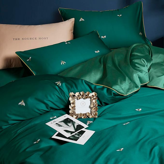 mixinni Dark Green Duvet Cover Full Size, 100% Long Staple Cotton Honeybee - Image 3