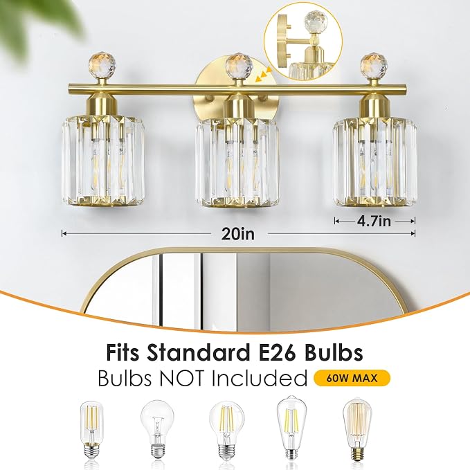 3-Light Gold Bathroom Light Fixtures, Modern Bathroom Vanity Lights Fixture - Image 3