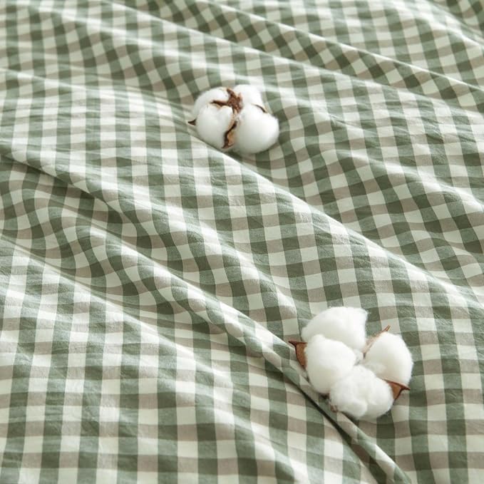Nayoroom Gingham Duvet Cover King Size 100% Washed Cotton Green Plaid Checkered - Image 6