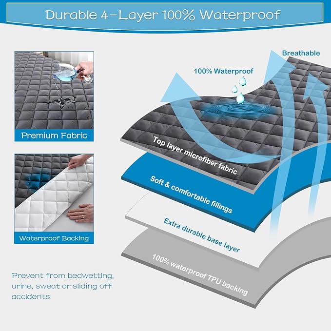 GRT Twin XL Size Grey Quilted Fitted Mattress Pad, 100% Waterproof Breathable - Image 2